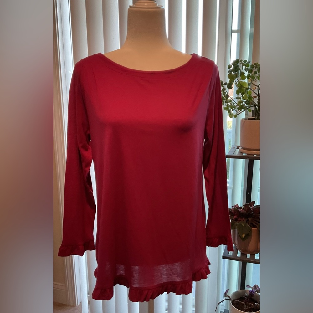 LOFT Red Ruffled Long Sleeve Blouse